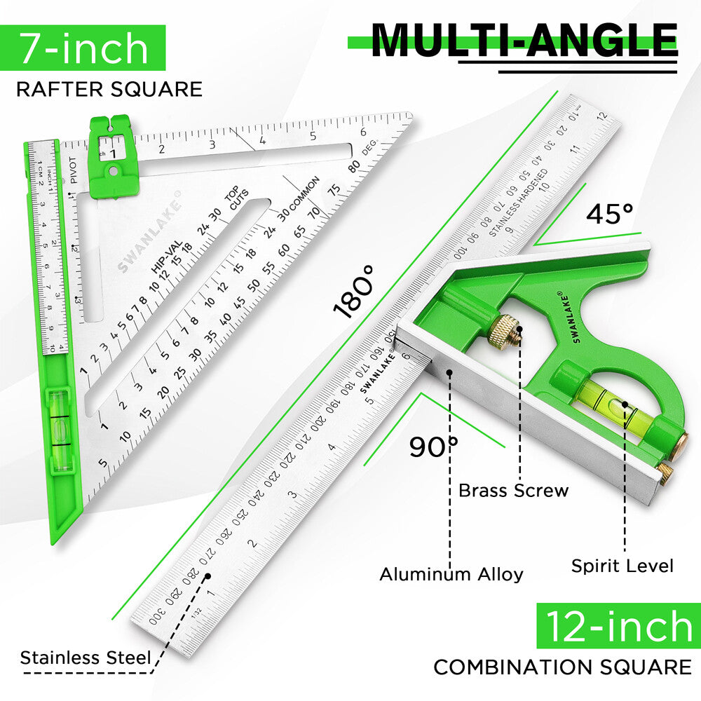 SWANLAKE 4-piece rafter and combination square tool set with ruler and spirit level for woodworking