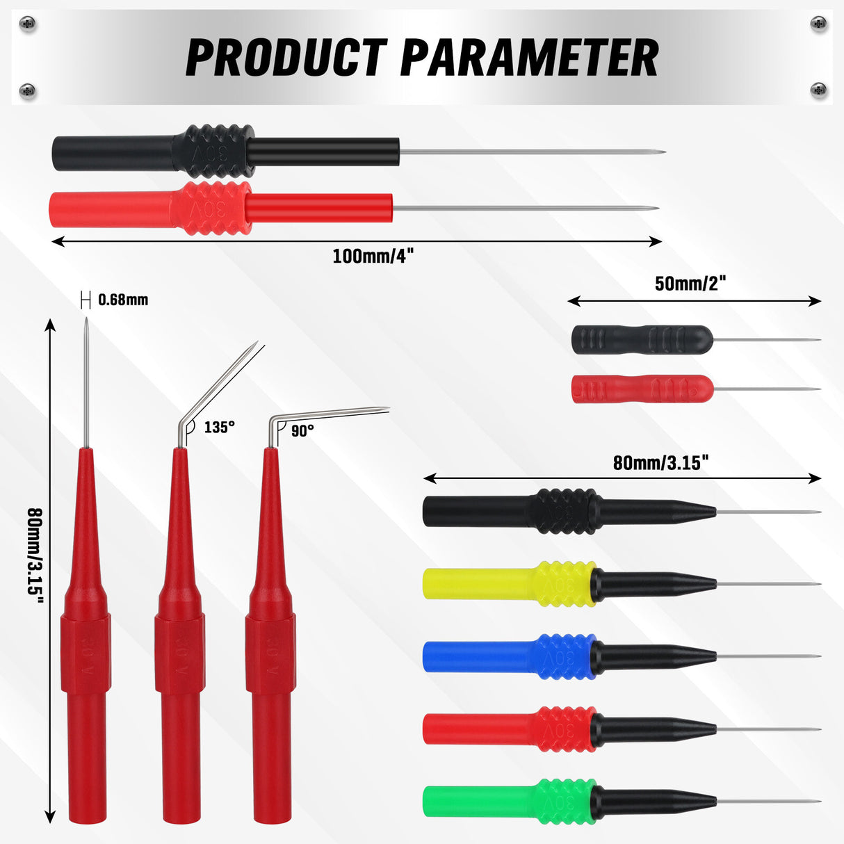 SWANLAKE 43-piece back probe test lead kit with silicone wires, multicolour probe pins, alligator clips, and banana plug connectors for diagnostic testing.
