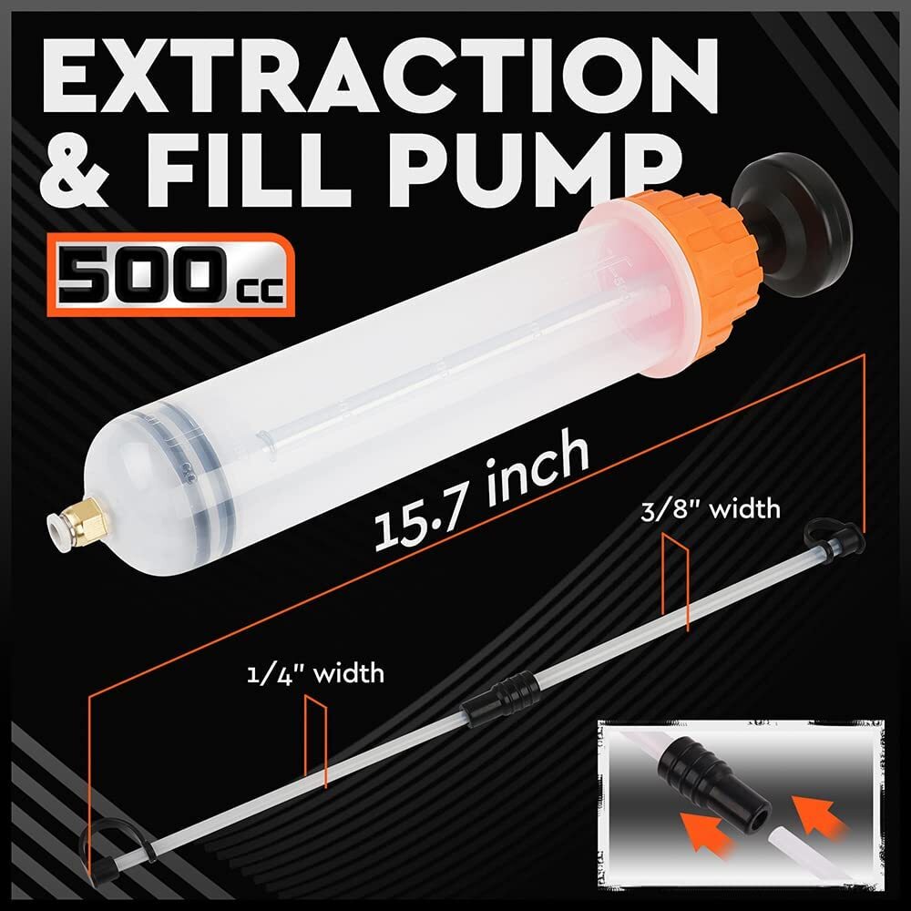 HORUSDY 500cc fluid extraction and fill pump with dual hoses and locking cap, ideal for oil and coolant transfer in cars, bikes, trucks, and lawn equipment.