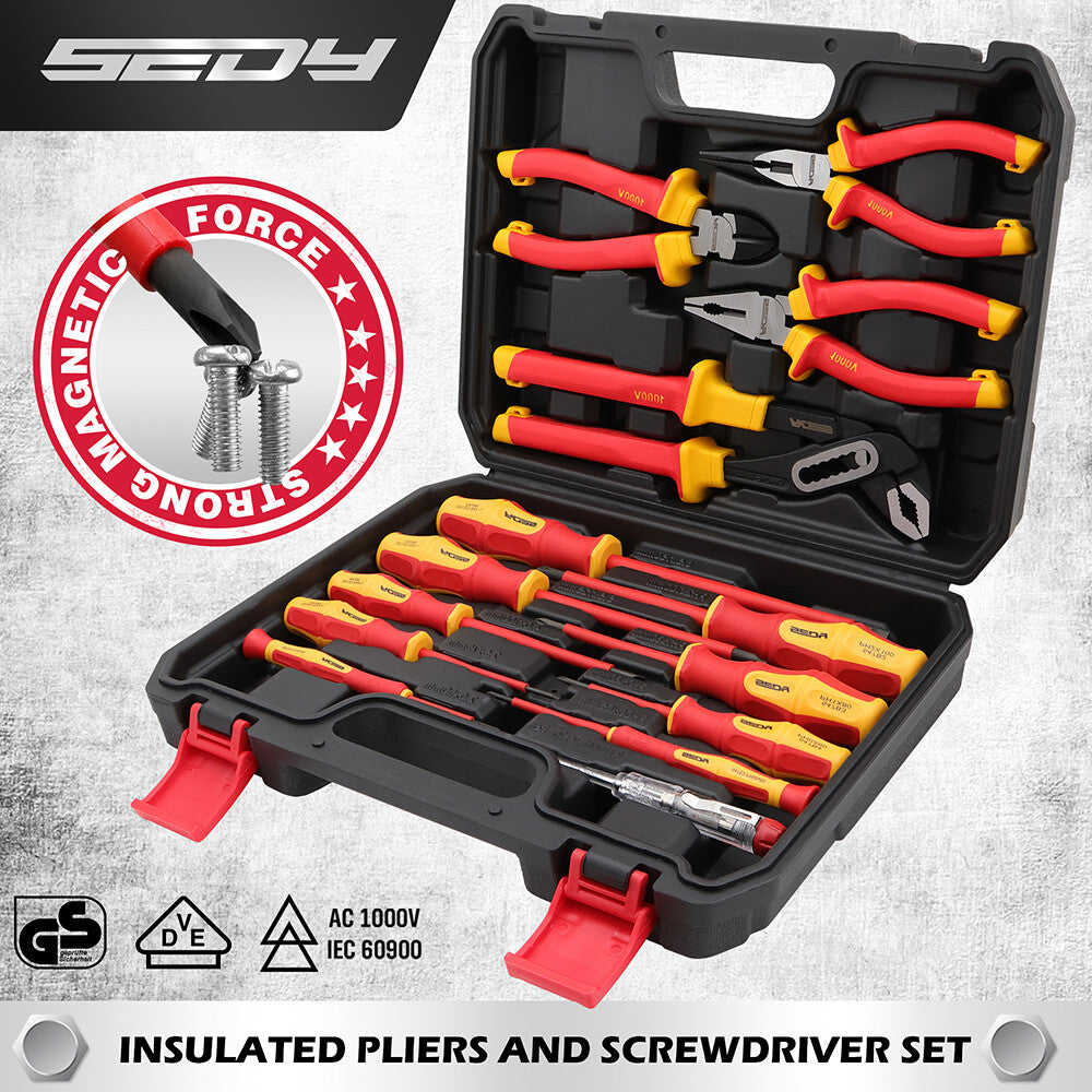 14-piece insulated pliers and screwdriver set with VDE certification, magnetic tips, ergonomic handles and 1000V safety rating for electricians