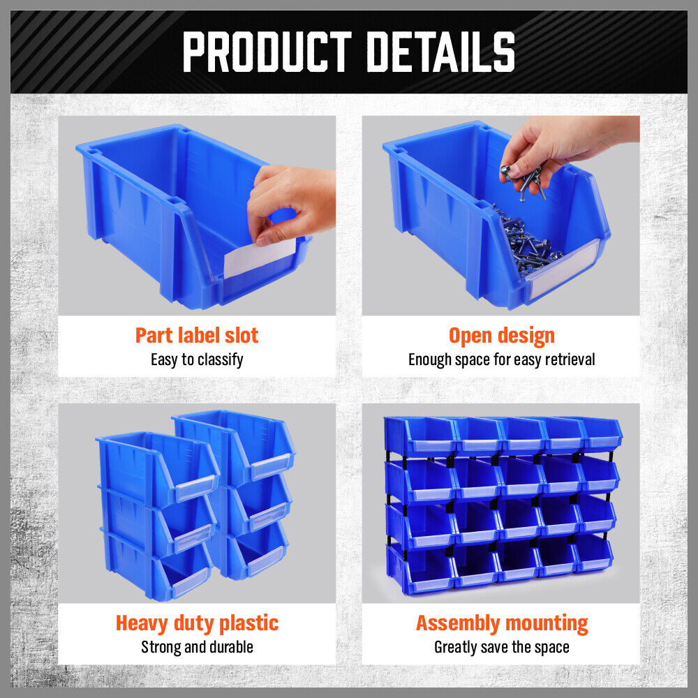 Versatile HORUSDY Storage Bins in 3 Sizes, Stackable and Detachable for Organizing Tools and Small Parts in Workshops and Garages
