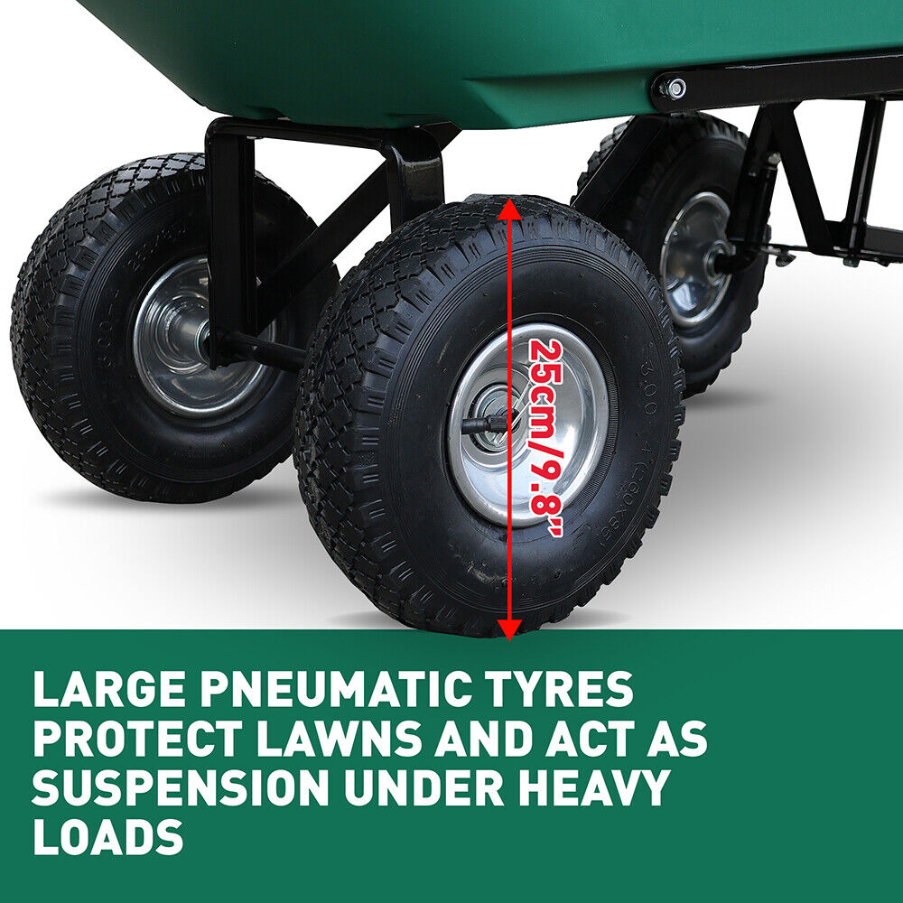 Sedy poly dump cart with a 135kg load capacity, featuring a heavy-duty frame, large pneumatic tyres, and easy tipping mechanism for garden and yard work.