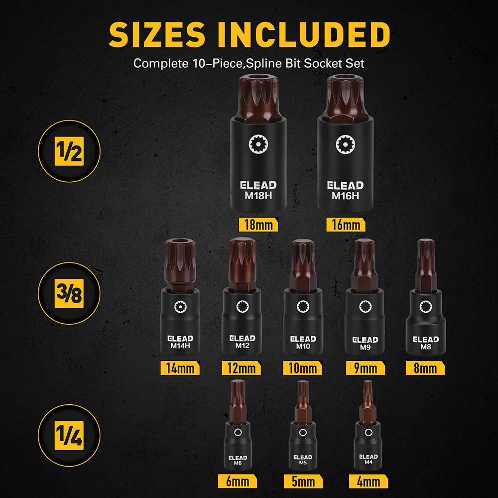 ELEAD 13-Piece Spline Bit Socket Set with S2 Alloy Steel and CR-V, Includes 3 Adapters for Versatile Applications