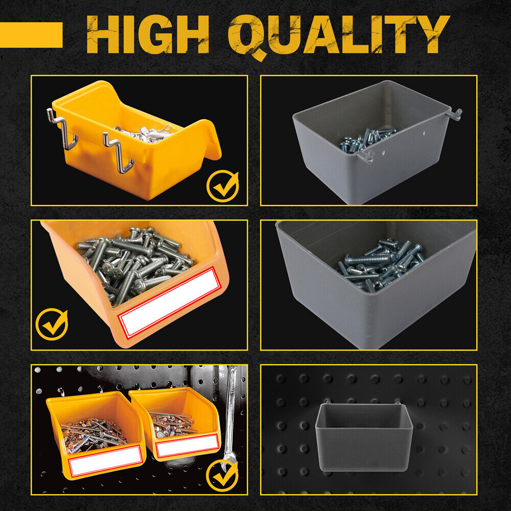 HORUSDY 260-piece pegboard hooks assortment with 17 types of hooks, bins, and peg locks for efficient tool organization