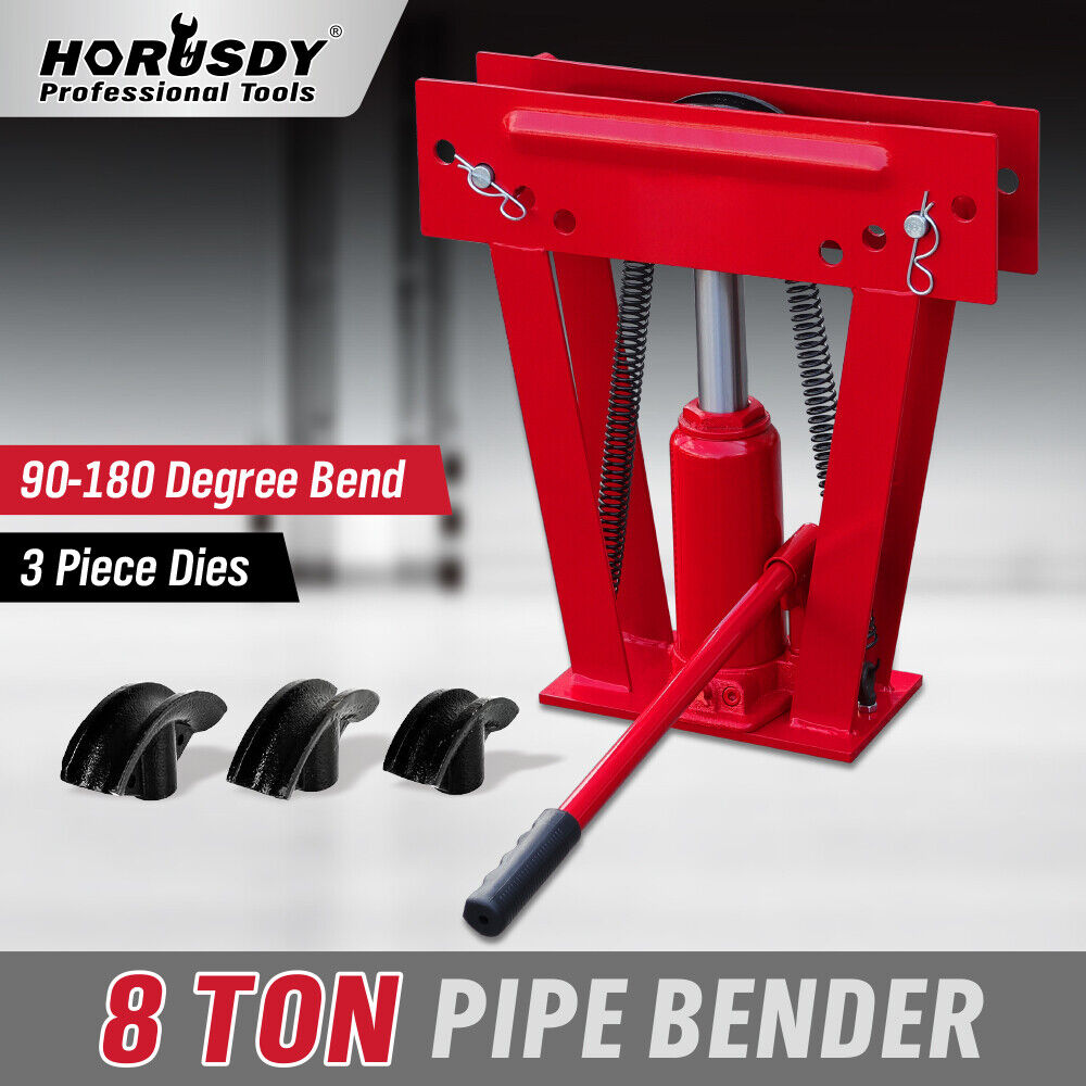 8-ton hydraulic pipe bender with 3-piece die set for precise 90-180 degree bending of various metal pipes, including steel, aluminum, and copper.