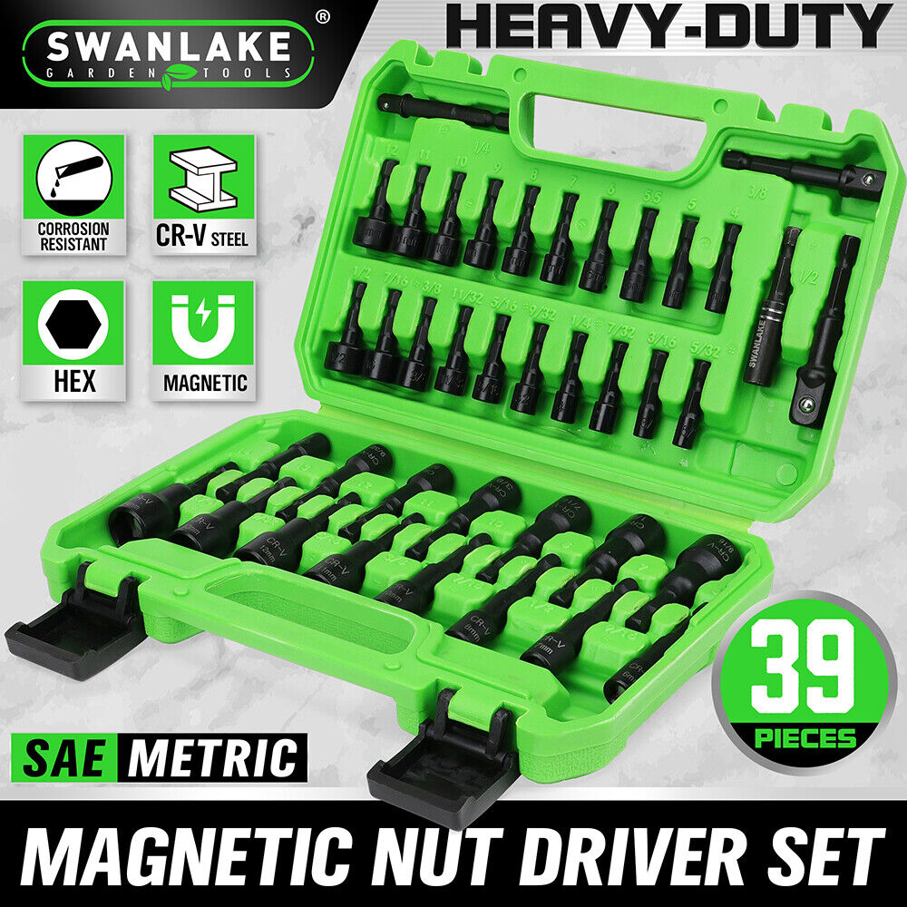 39-piece magnetic nut driver set with CR-V steel in green case, includes hex bit sockets and adapters for drills and screwdrivers