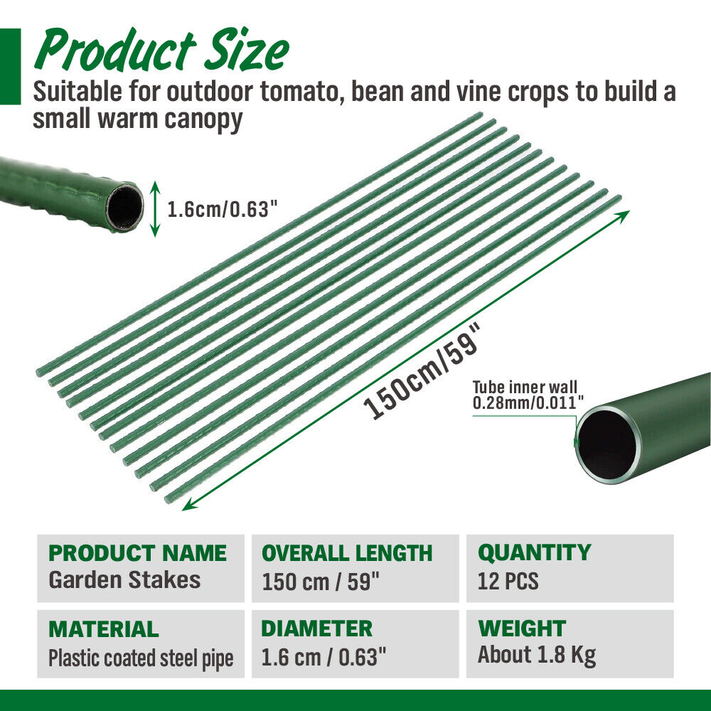 Bundle of 12 green coated metal garden stakes, 16mm diameter, available in 150cm and 180cm lengths for plant support