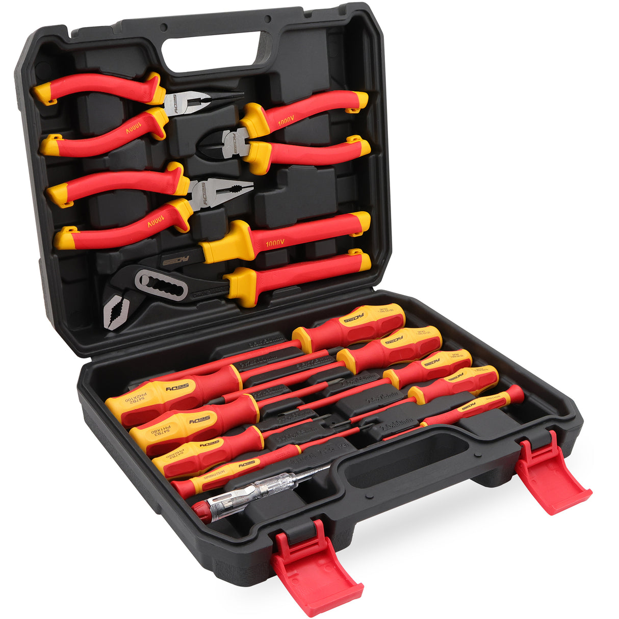 14-piece insulated pliers and screwdriver set with VDE certification, magnetic tips, ergonomic handles and 1000V safety rating for electricians