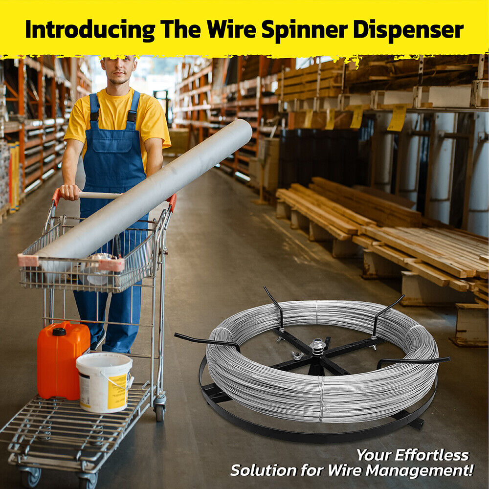 Wire spinner with 360° rotation, adjustable arms for varying coil diameters (33cm to 57cm), and 440 lbs weight capacity. Durable and stable for wire management.