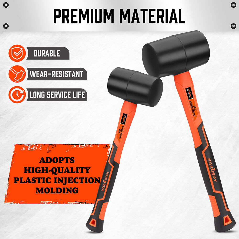 HORUSDY 2pcs Rubber Mallet Hammer Set with 8oz and 16oz Fiberglass Handles - Durable, Shock Absorbing, Wear-Resistant, Ideal for Woodworking and Camping