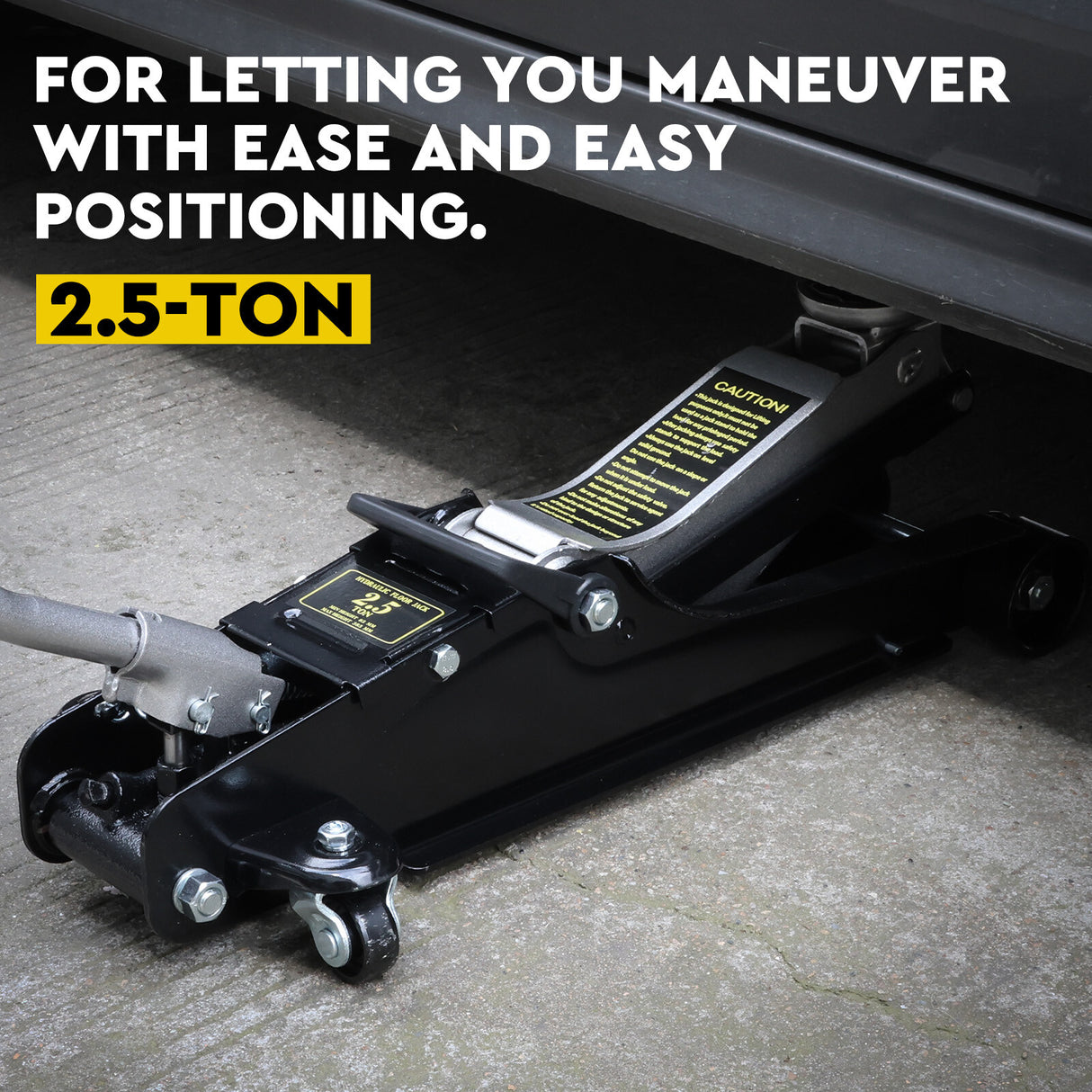 HORUSDY 2.5-ton hydraulic floor trolley jack with steel casters, large saddle, wide lift range, and carry handle for car repair and tyre replacement.