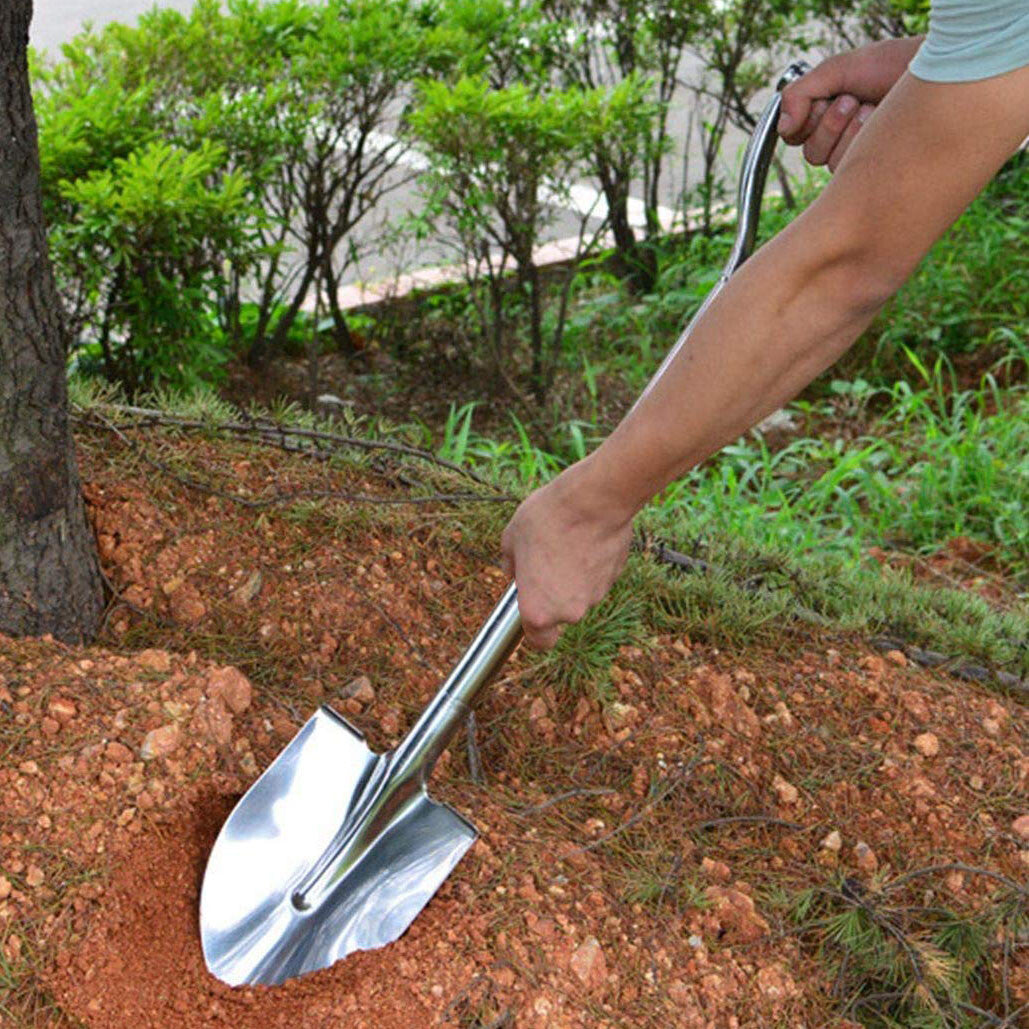 Durable stainless steel shovel for digging and gardening, with a comfortable handle and efficient digging capability, ideal for outdoor and landscaping tasks