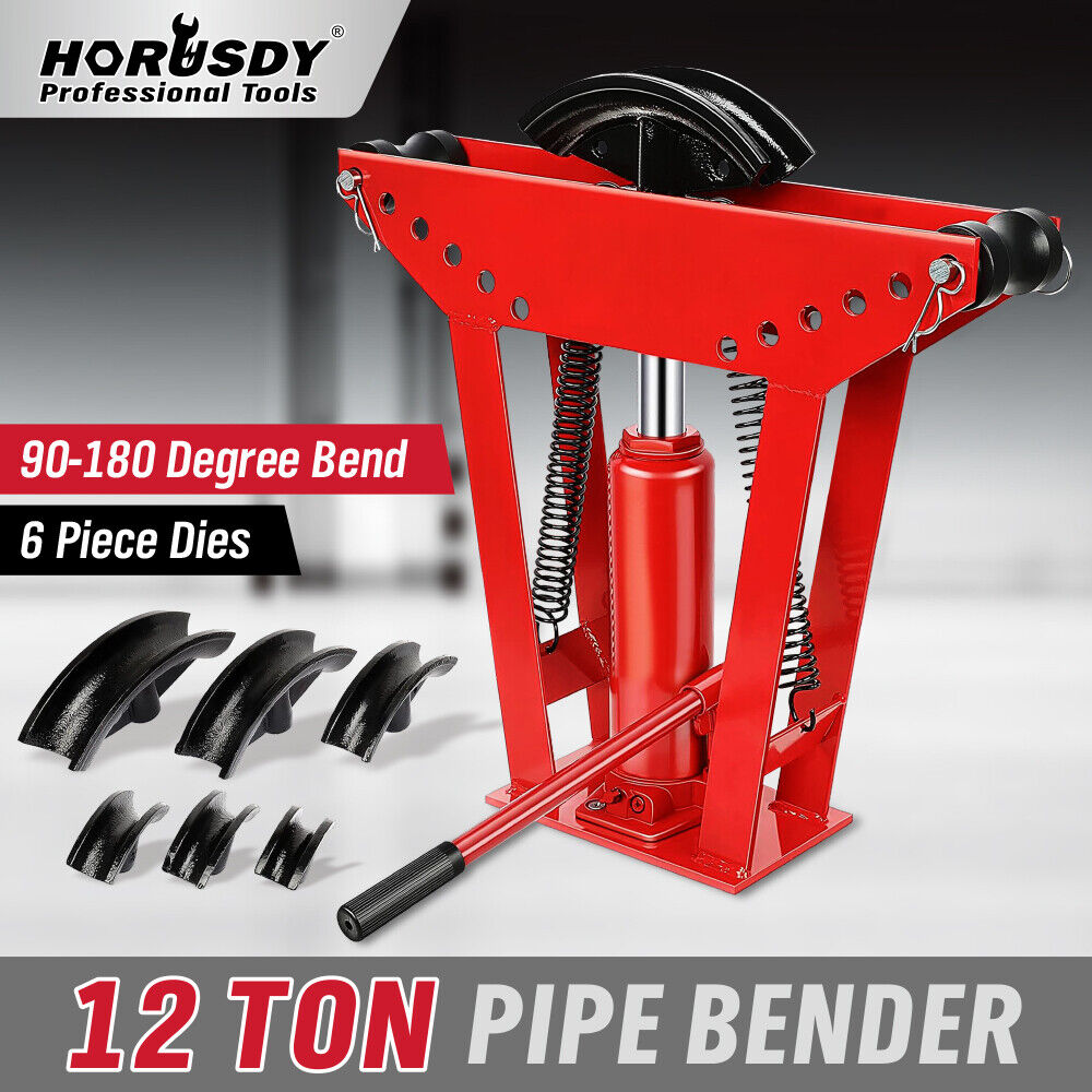 12-ton hydraulic pipe bender with 6-piece die set for precision 90-180 degree bending of steel, aluminum, and copper pipes, ideal for professional metalworking.