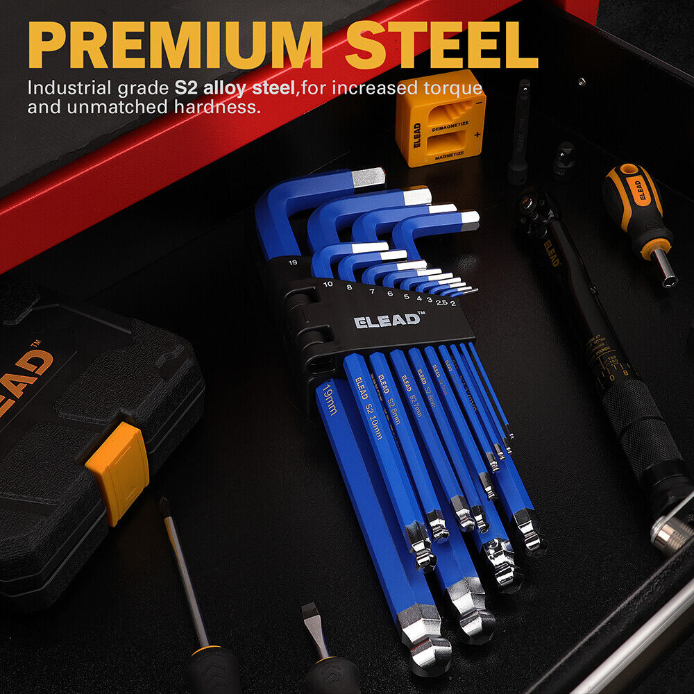 ELEAD 13-piece blue hex key set with ball ends and size indicators, ranging from 2-19mm, for precision work in tight spaces