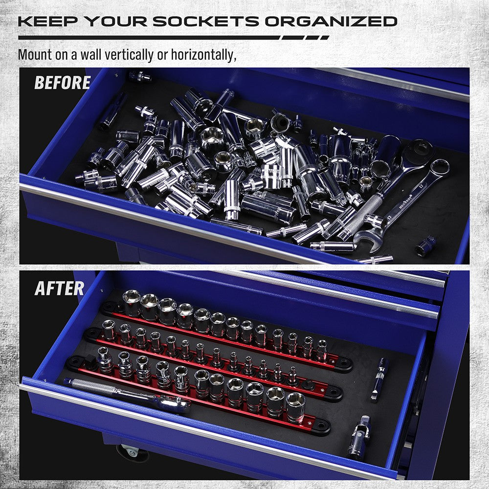 Magnetic socket organizer set with detachable trays for 1/4", 3/8", and 1/2" drive sockets. Ideal for garage tool organization.