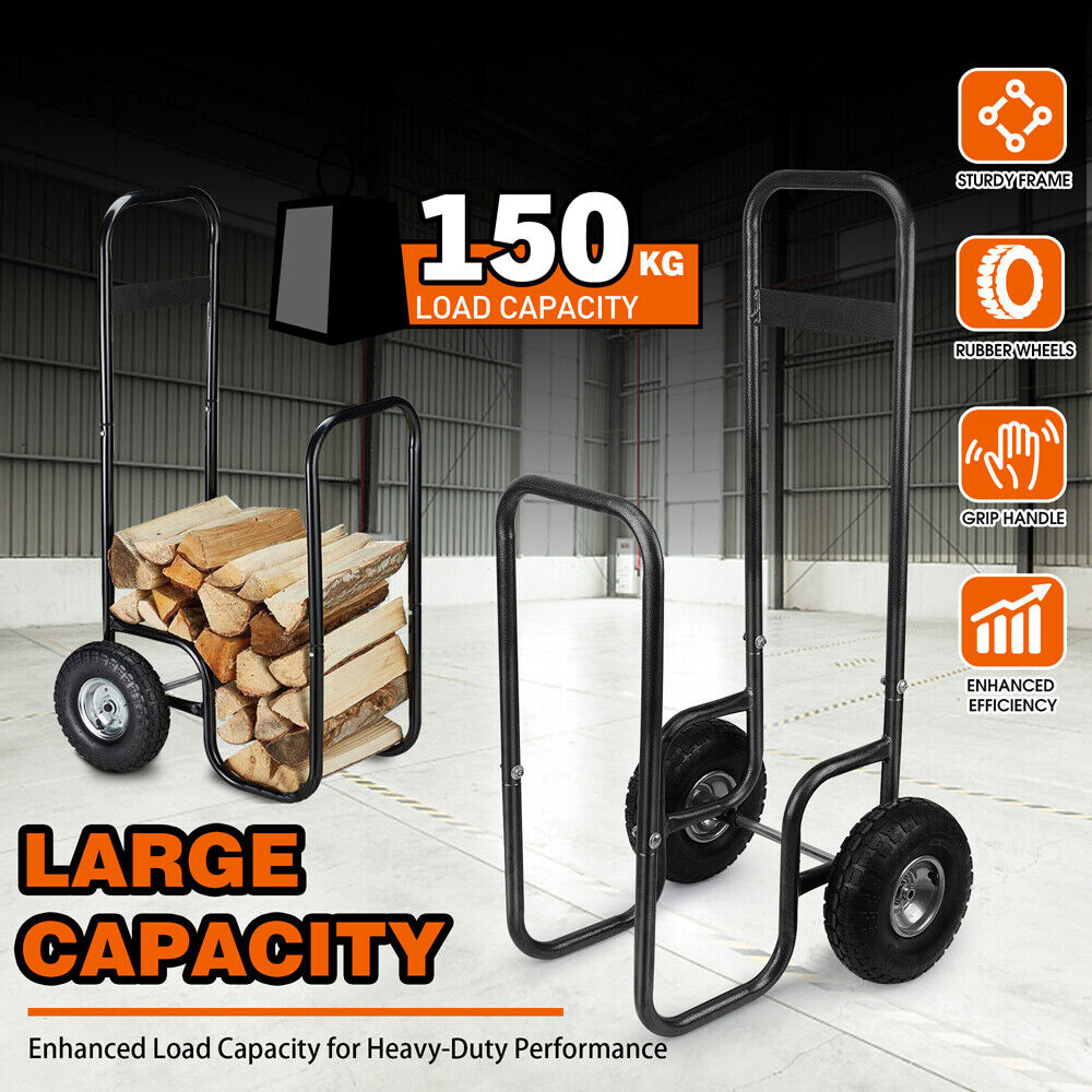 HORUSDY heavy-duty firewood cart with 150kg load capacity, sturdy frame, and large rubber wheels, perfect for transporting wood