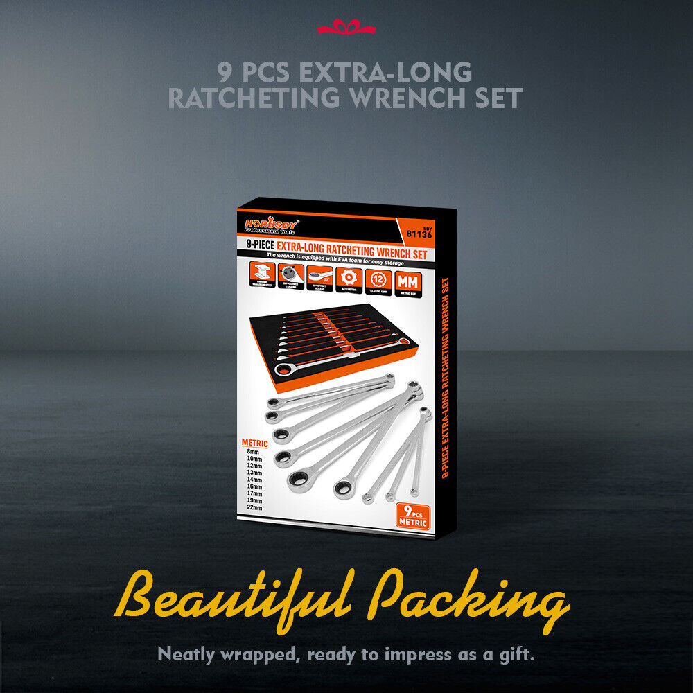 Professional 9-piece ratcheting wrench set with 72-tooth mechanism, rust-resistant polish & extra-long handles - HORUSDY Australia