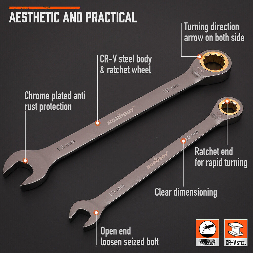 HORUSDY Metric Ratchet Spanner Set Nickel Plated Ratchet Spanners