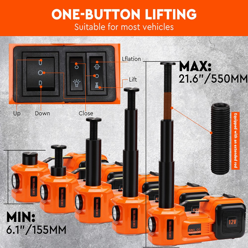 5T 12V Electric Hydraulic Car Jack Set with Built-in Tire Inflator Pump, LED Light, and Accessories