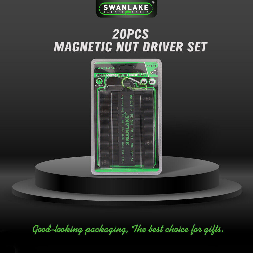 20-piece magnetic nut driver set with CR-V steel, featuring hex bit sockets and magnetic adapters, suitable for electric drills and screwdrivers