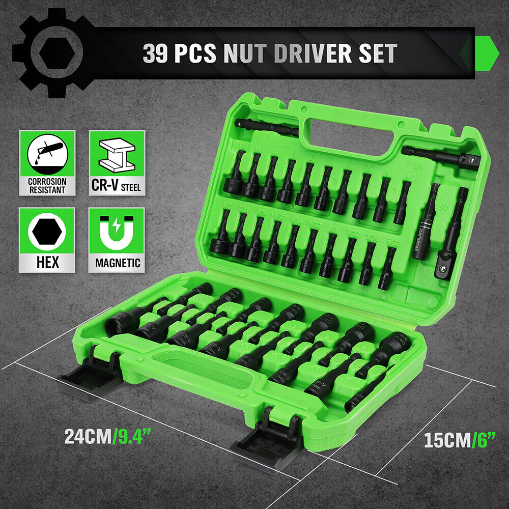39-piece magnetic nut driver set with CR-V steel in green case, includes hex bit sockets and adapters for drills and screwdrivers
