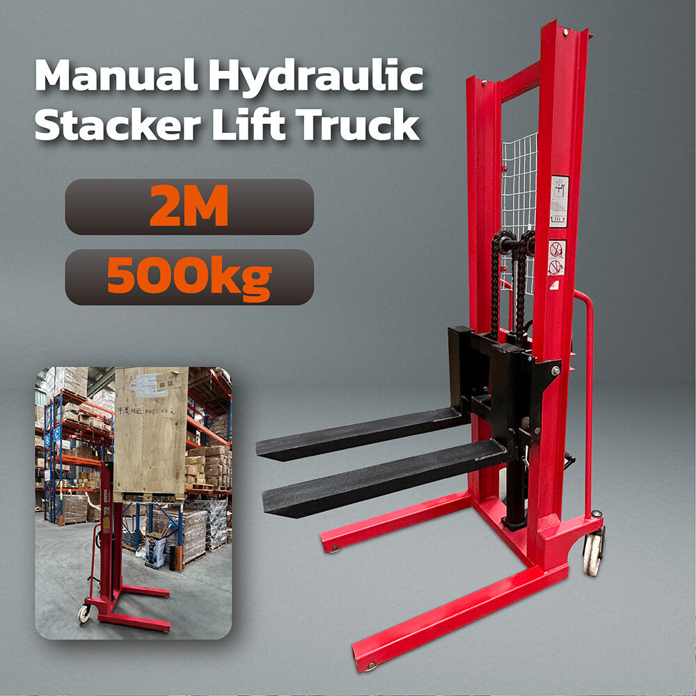 Manual hydraulic stacker lift truck, with 2m lift height and 500kg capacity. Ideal for material handling in warehouses and workshops, featuring durable red frame, compact design, and easy maneuverability