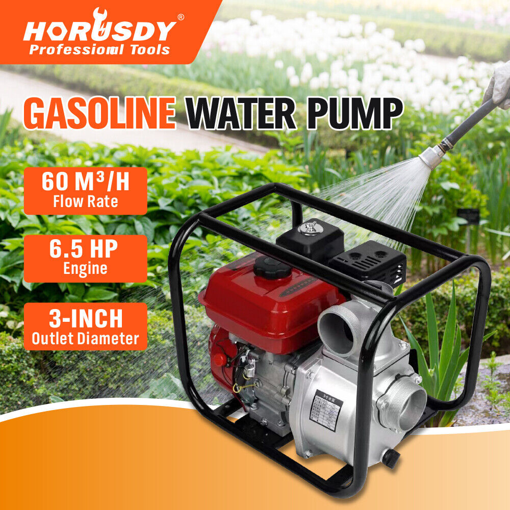 Gasoline water pump with 6.5HP engine, 60m³/h flow rate, 3-inch outlet, perfect for large-scale irrigation and water transfer.