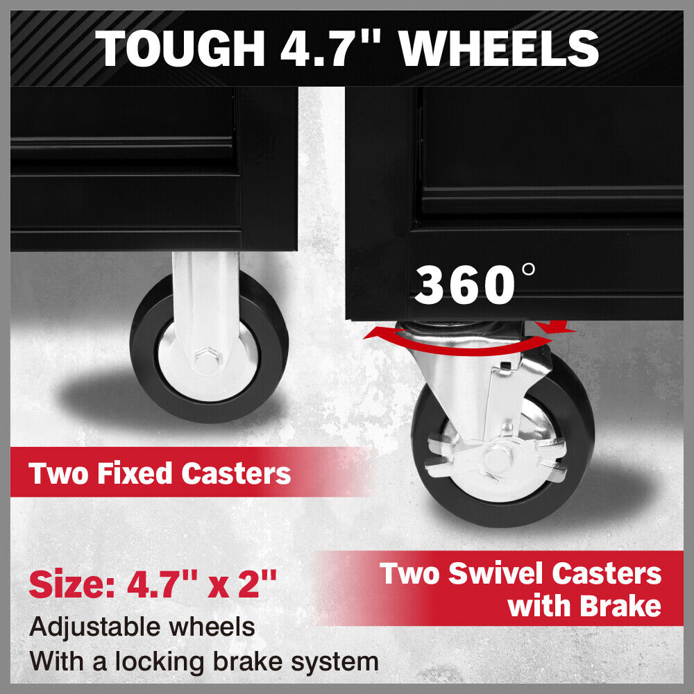 Heavy-duty HORUSDY tool chest cabinet with 42/46-inch width, 8/9 spacious drawers, wooden worktop, and lockable wheels for organized and mobile tool storage