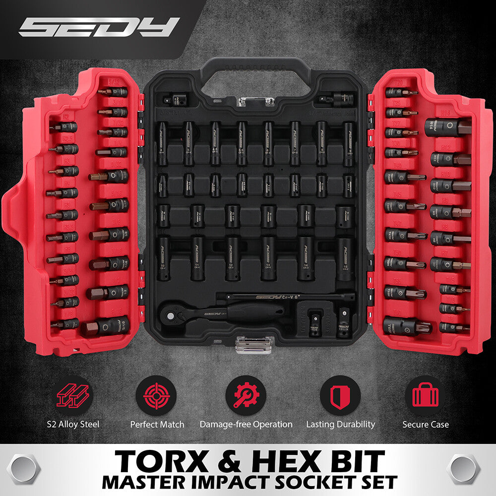 SEDY 39-Piece Torx & Hex Bit Master Impact Socket Set with S2 Alloy Steel for Automotive and Machine Repair