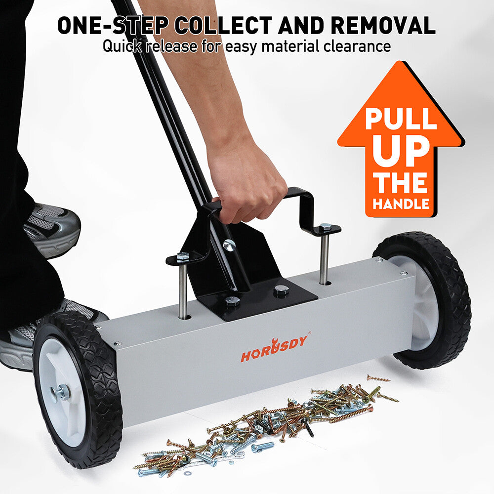 Magnetic sweeper with adjustable handle, 20-inch width, and quick-release feature for easy metal debris collection.