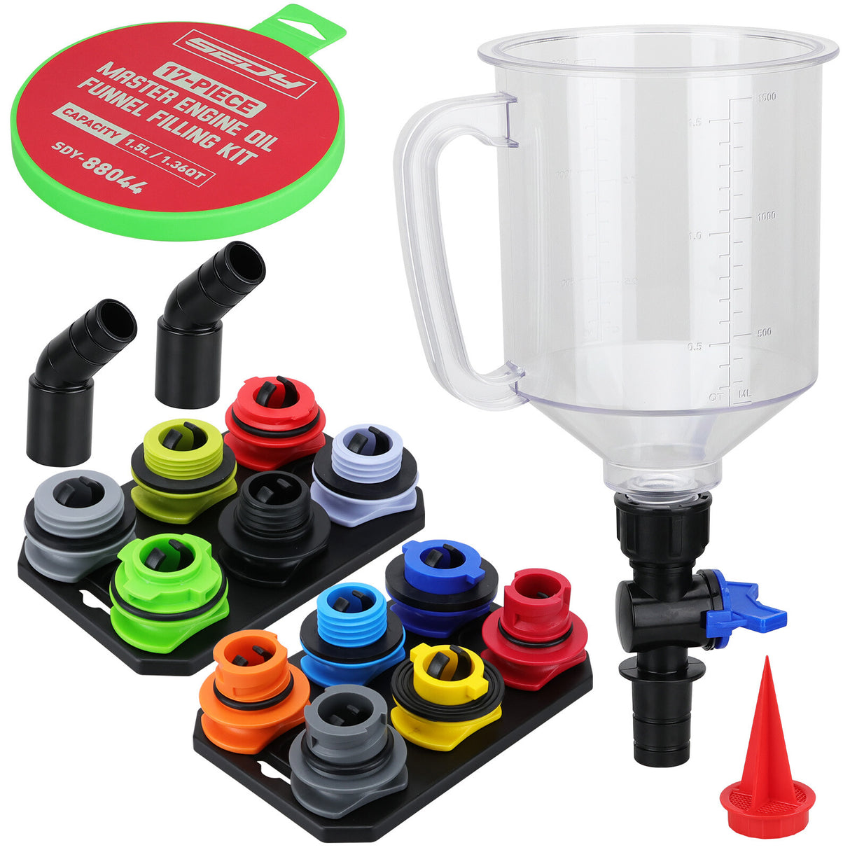 17-piece engine oil funnel kit with colour-coded adapters, magnetic tray and leak-proof 1.5L funnel for easy vehicle oil changes