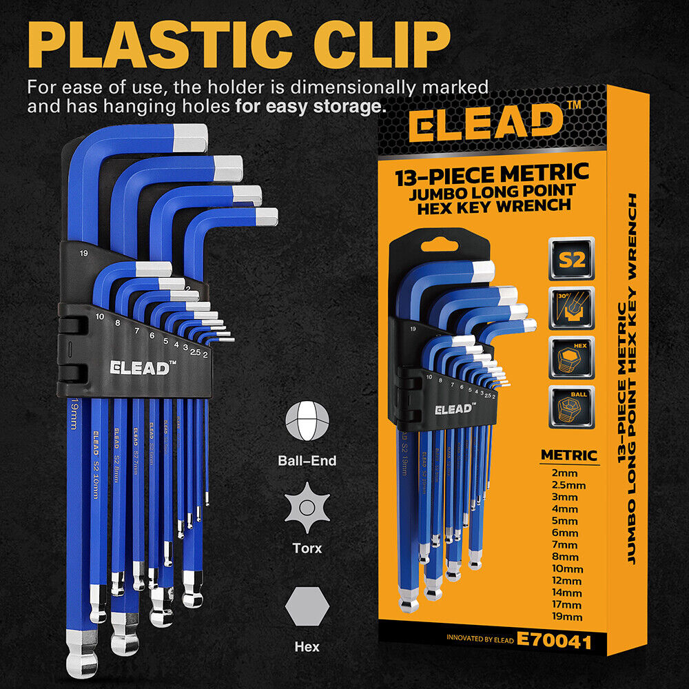 ELEAD 13-piece blue hex key set with ball ends and size indicators, ranging from 2-19mm, for precision work in tight spaces
