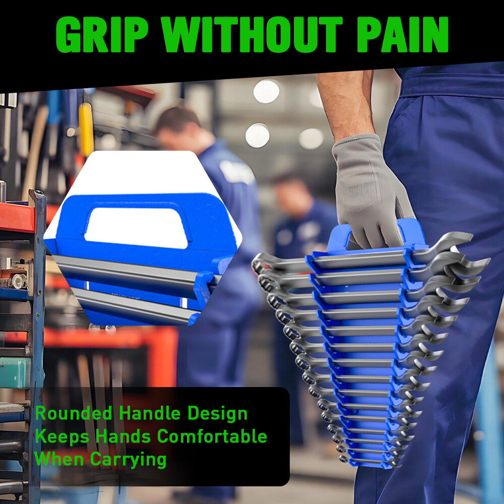 Set of four SWANLAKE magnetic wrench organisers with 15 slots each in red and blue, heavy-duty holders with strong magnets for wall or toolbox use