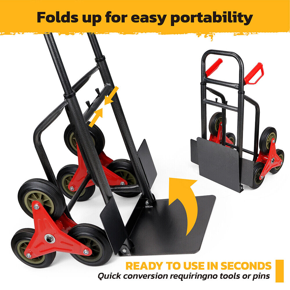 Folding stair climber hand truck with 440 lbs capacity, featuring tri-wheel design, adjustable height, and foldable frame for easy transport.