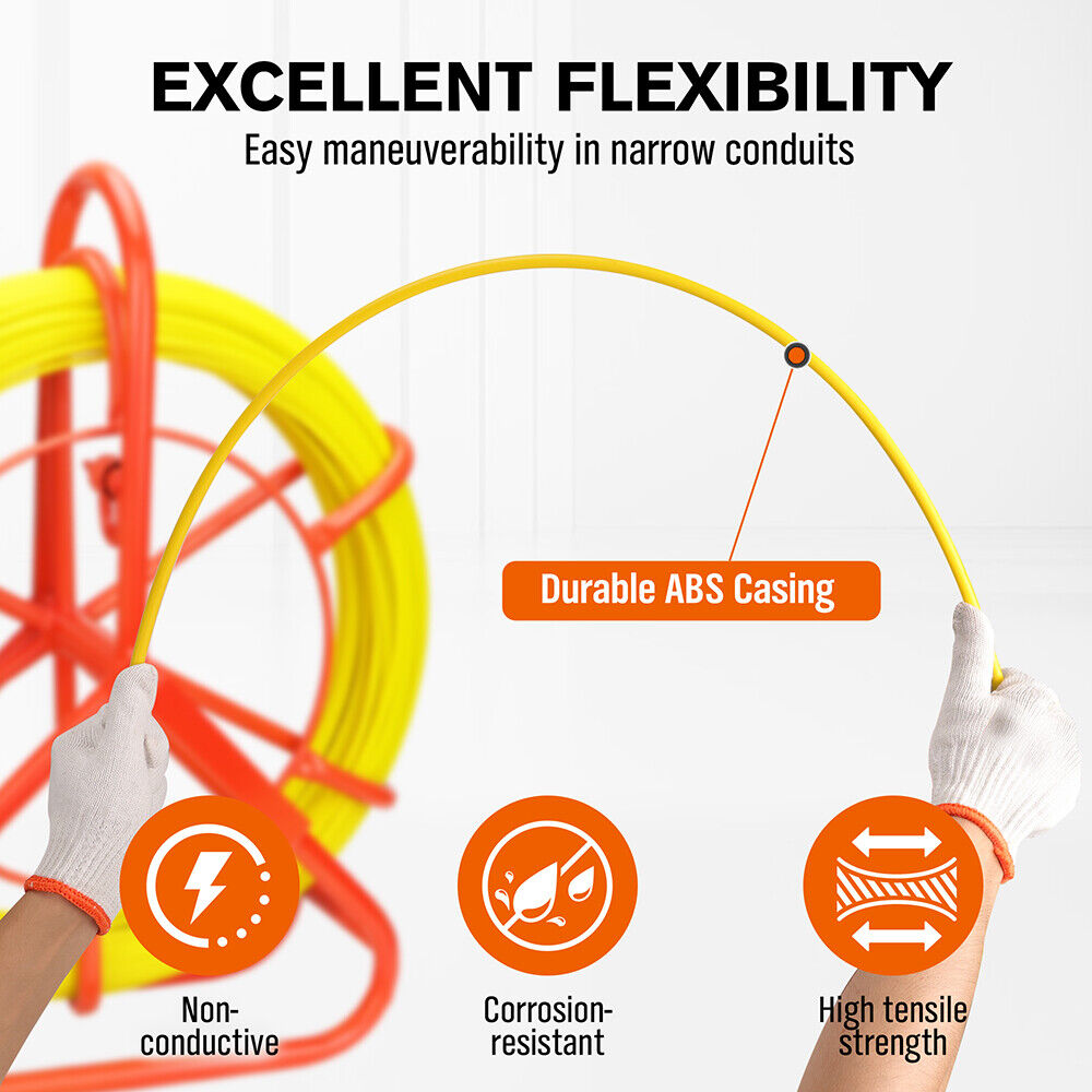 100M HORUSDY fiberglass fish tape cable puller with 4.5mm diameter for wire installation, featuring a non-conductive, durable design with stabilised support.