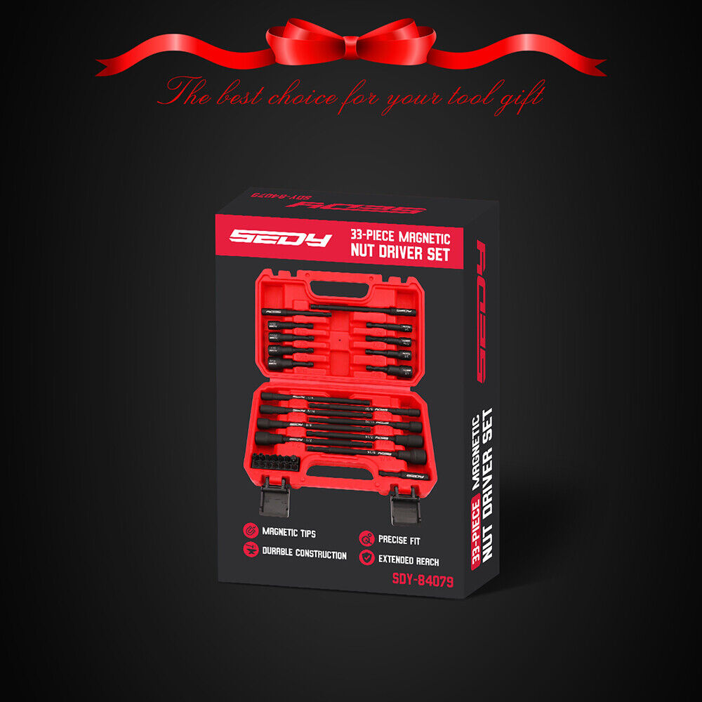 33-piece Sedy Nut Driver Set with magnetic force and premium CR-V steel, includes extensions and storage case