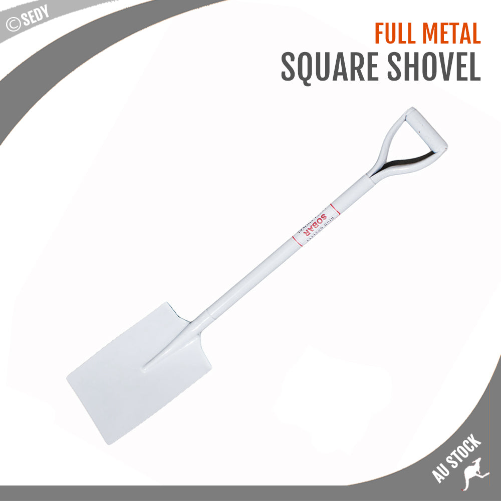 Full metal square shovel with durable construction, ideal for digging and gardening tasks in various outdoor environments