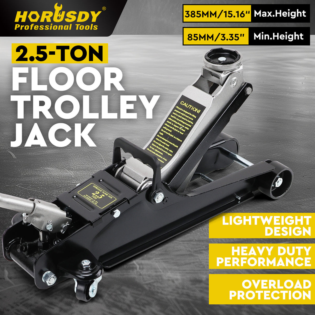 HORUSDY 2.5-ton hydraulic floor trolley jack with steel casters, large saddle, wide lift range, and carry handle for car repair and tyre replacement.