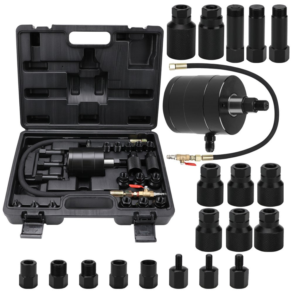 Heavy-duty pneumatic injector puller set with air hammer, adapters, hose, and storage case for stuck diesel injector removal