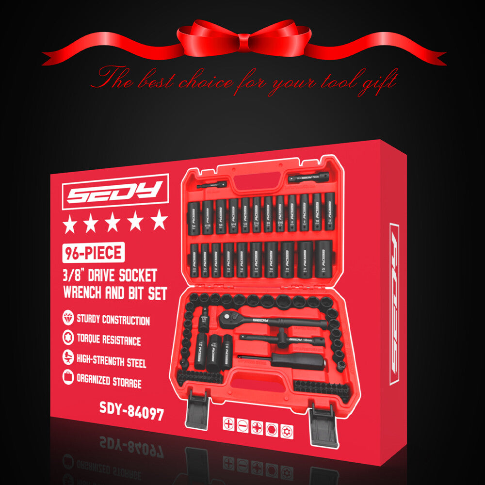 SEDY 96-piece 3/8-inch drive impact socket set with SAE & metric sizes, screwdriver bits, extension bar, and universal joint in case