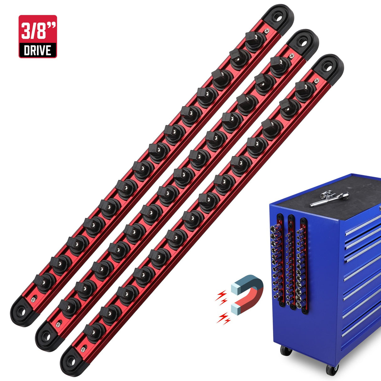 Magnetic socket organizer set with detachable trays for 1/4", 3/8", and 1/2" drive sockets. Ideal for garage tool organization.