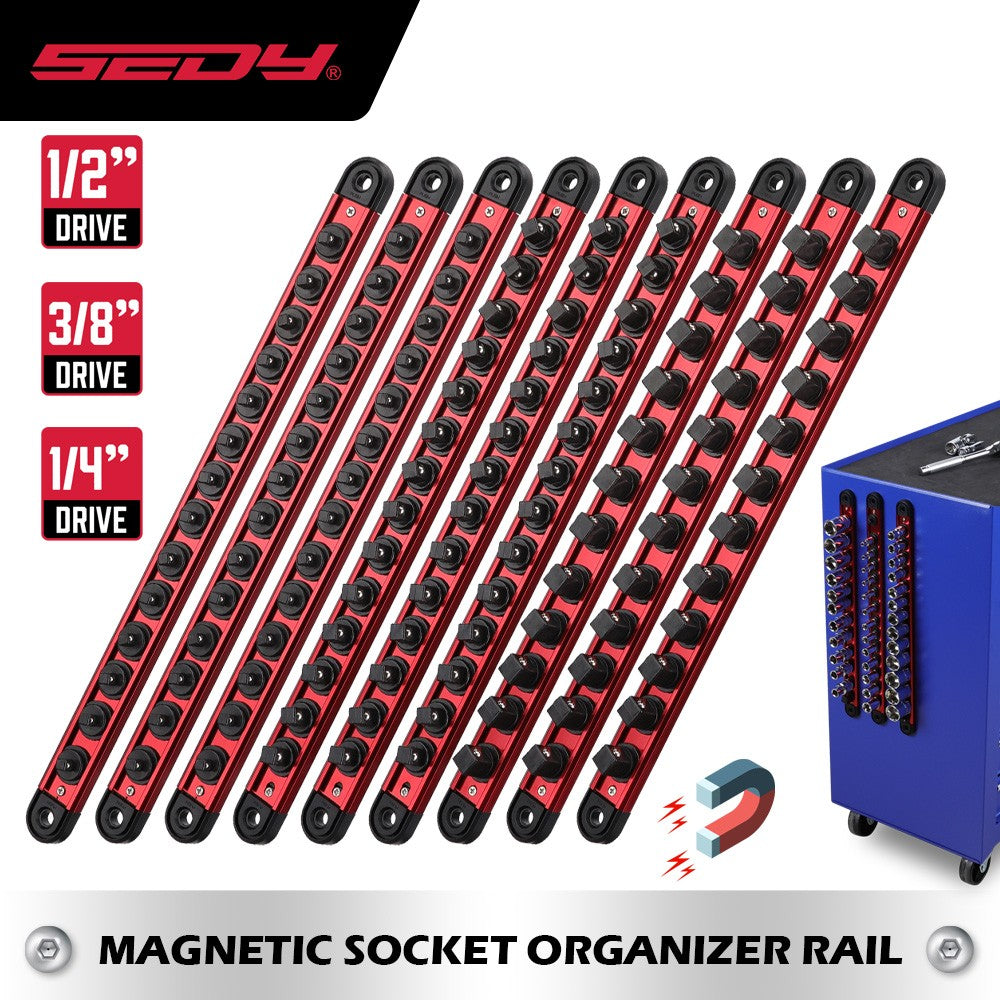 Magnetic socket organizer set with detachable trays for 1/4", 3/8", and 1/2" drive sockets. Ideal for garage tool organization.