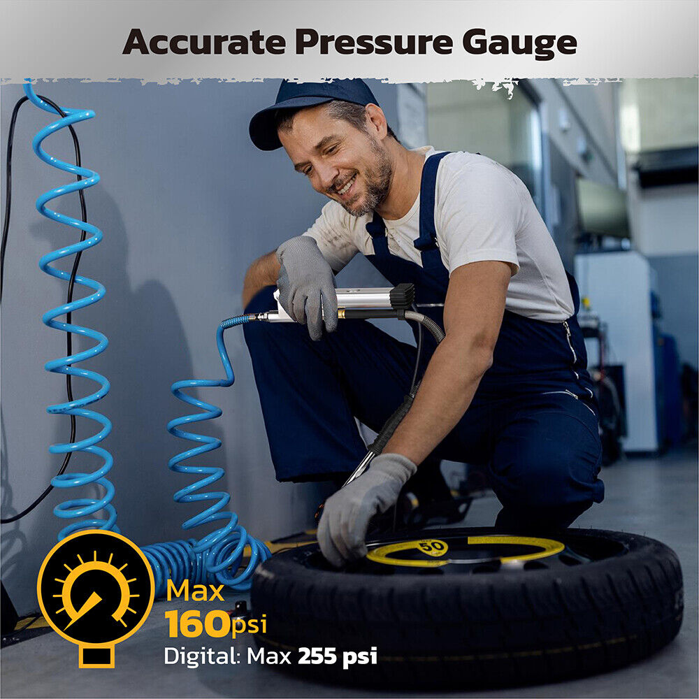 Handheld tire inflator with digital pressure gauge, dual head chucks, and TPMS compatibility for accurate inflation and deflation.
