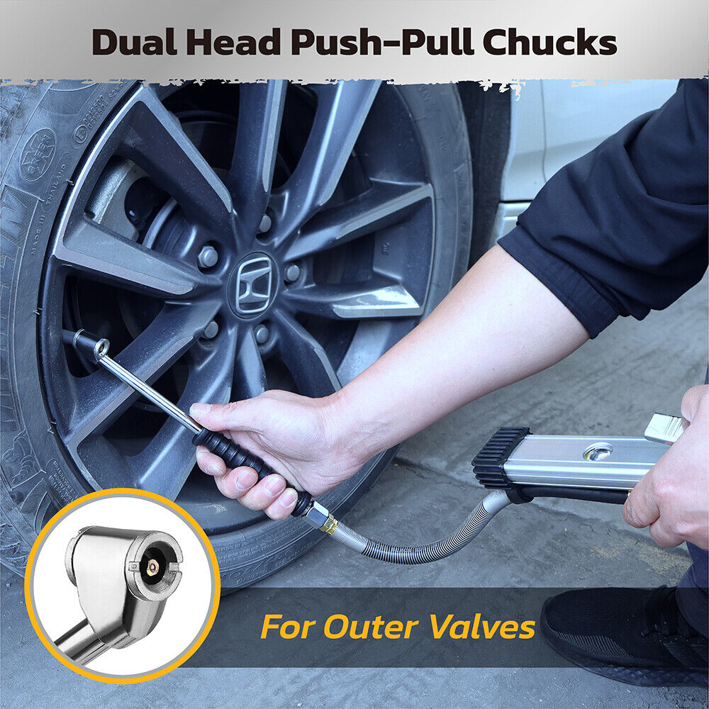 Handheld tire inflator with digital pressure gauge, dual head chucks, and TPMS compatibility for accurate inflation and deflation.