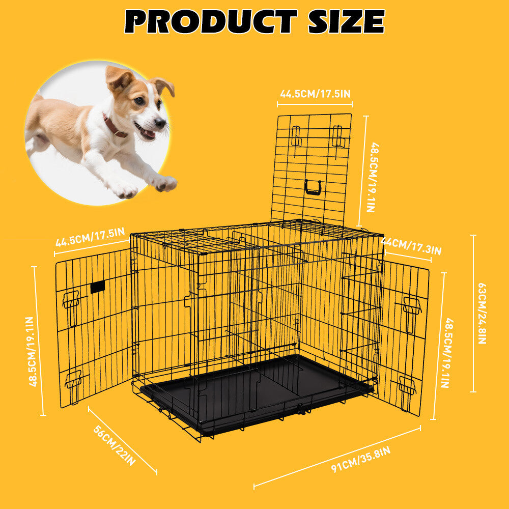 Foldable 24-inch dog cage with 3 doors, divider panel, leak-proof plastic tray, sturdy metal frame, and portable design for safe and comfortable pet housing.