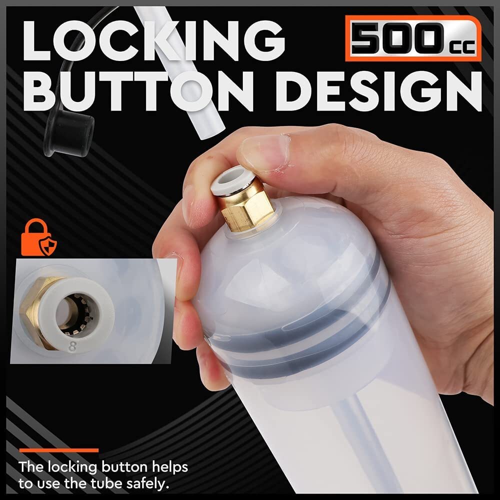 HORUSDY 500cc fluid extraction and fill pump with dual hoses and locking cap, ideal for oil and coolant transfer in cars, bikes, trucks, and lawn equipment.