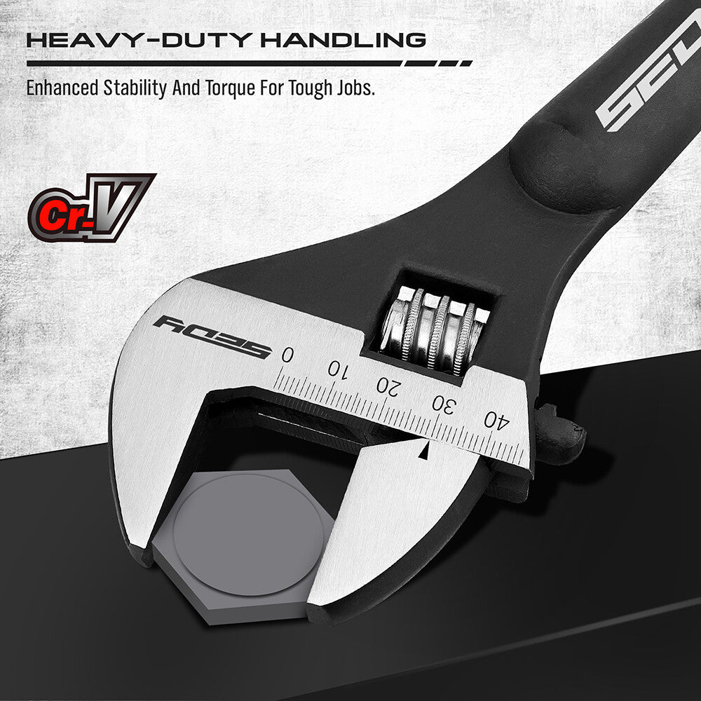 13-piece adjustable wrench set with heavy-duty Cr-V steel, laser-etched scale, rust-resistant finish, and crowbar design.