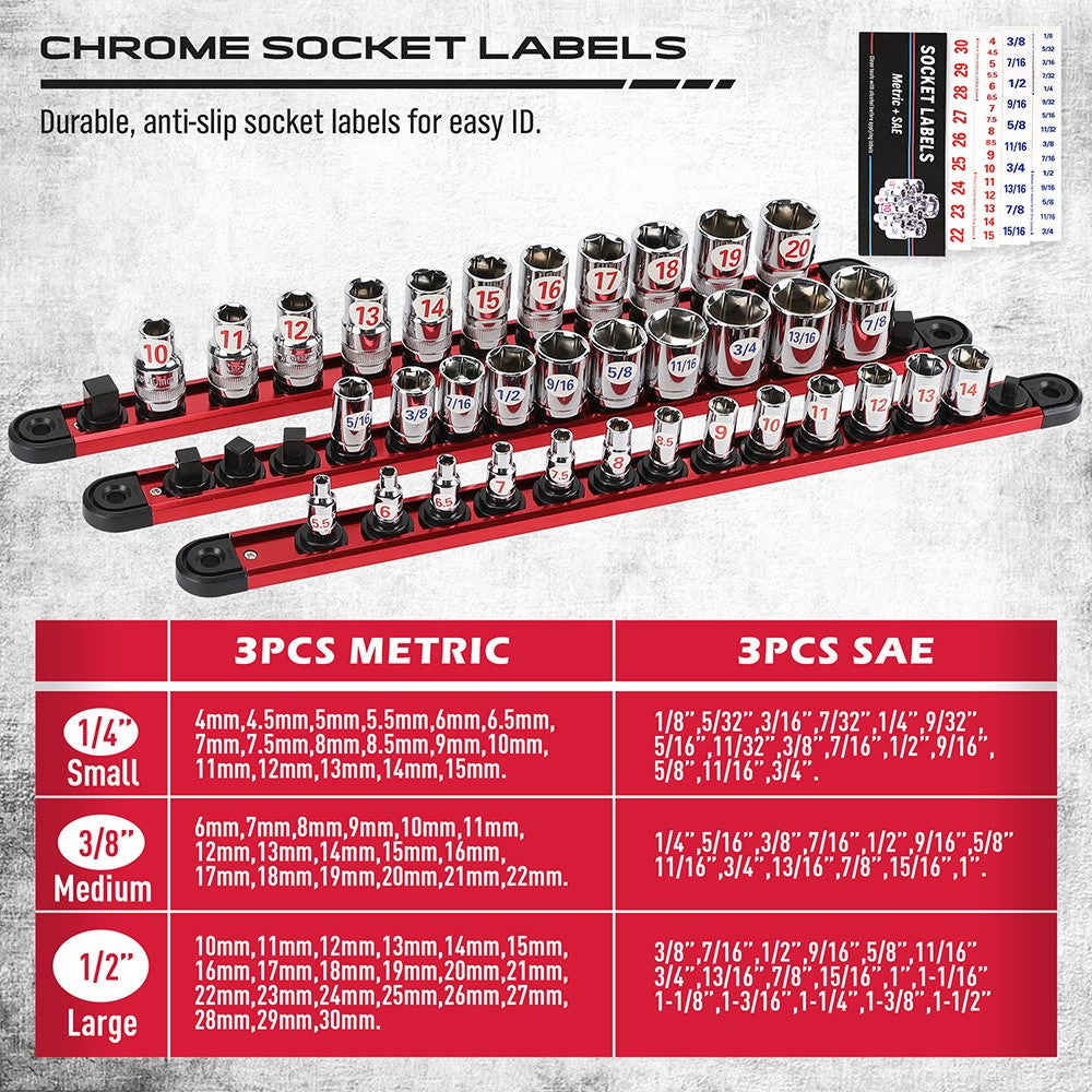 Magnetic socket organizer set with detachable trays for 1/4", 3/8", and 1/2" drive sockets. Ideal for garage tool organization.