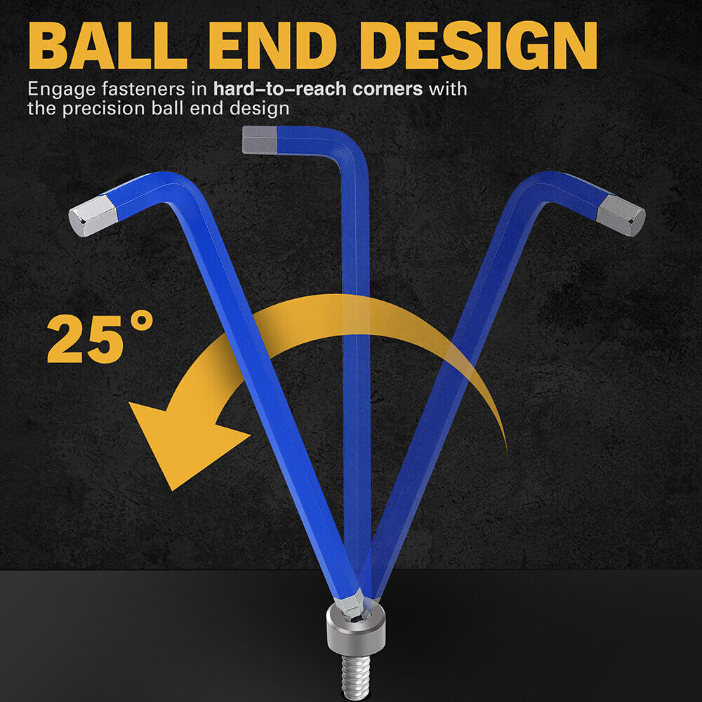 ELEAD 13-piece blue hex key set with ball ends and size indicators, ranging from 2-19mm, for precision work in tight spaces