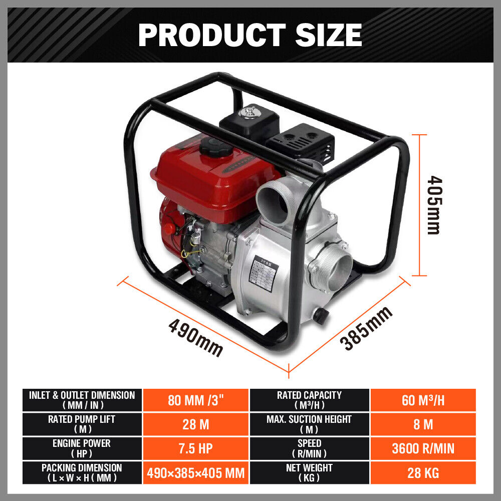Gasoline water pump with 6.5HP engine, 60m³/h flow rate, 3-inch outlet, perfect for large-scale irrigation and water transfer.